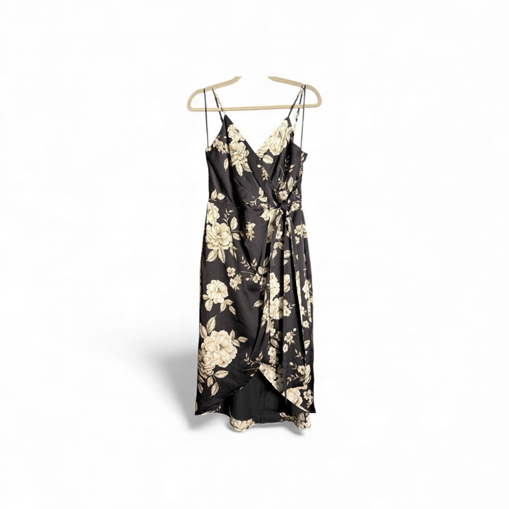 Express Black Small Cream Darkcottage Floral spaghetti straps Wrap Dress
